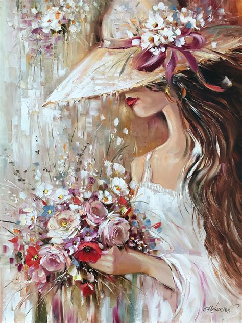 Pretty Woman With Flowers Painting Flower Girl Paintings Of Elegant