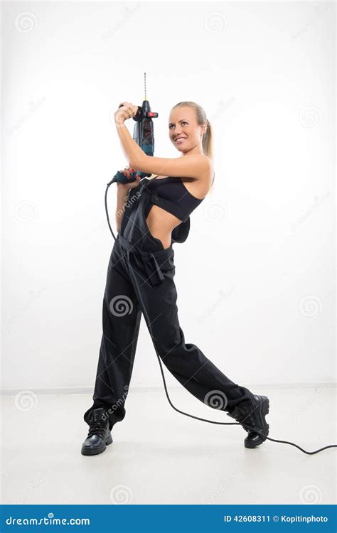 Builder Woman With A Drill In Her Hands Stock Image Image Of Work