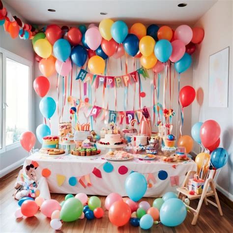 A birthday party with balloons and a birthday cake on the table | Premium AI-generated image