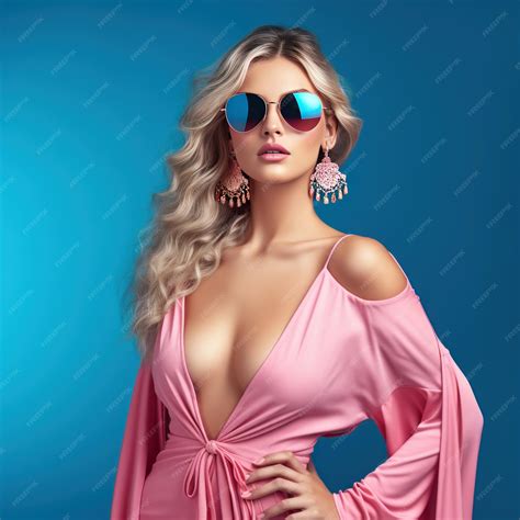 Premium Photo Stylish Woman In Pink Dress Wearing Sunglasses On Sky Blue Background Generative Ai