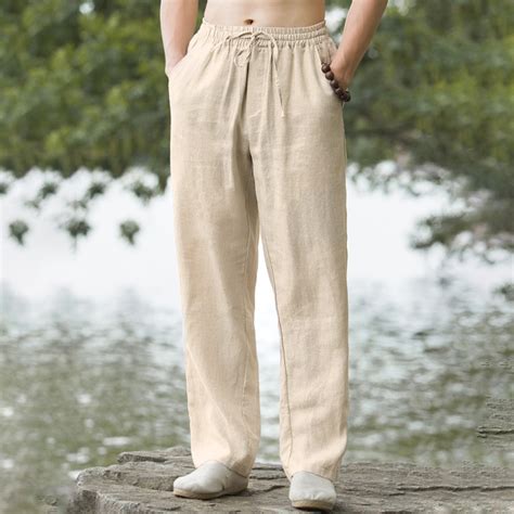 Khaki Linen Cotton Loose Straight Leg Casual Slack Pants Men Baggy