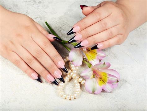 Hands With Long Artificial French Manicured Nails And Lily Flowers