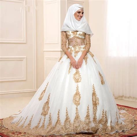 2016 Gold Und Weiß Islamischen Brautkleider vestido de noiva Ballkleid