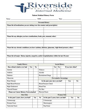 Fillable Online Patient Medical History Form Riverside Medical Group