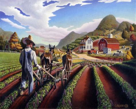 Farmer Cultivating Peas Farming Rustic Farm Landscape Painting Prints