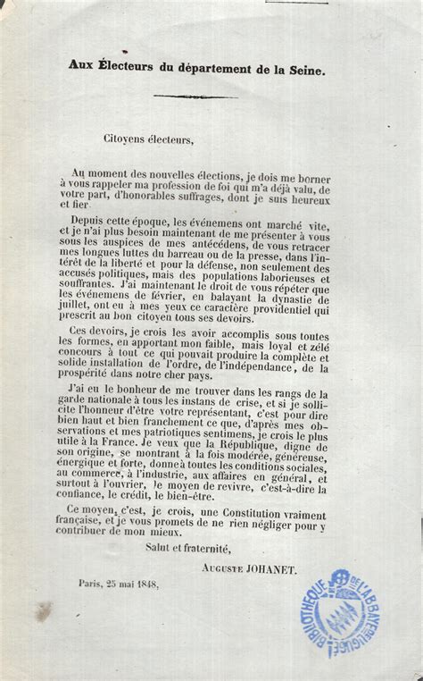 Aux Electeurs du Département de la Seine 25 Mai 1848 by Auguste Johanet