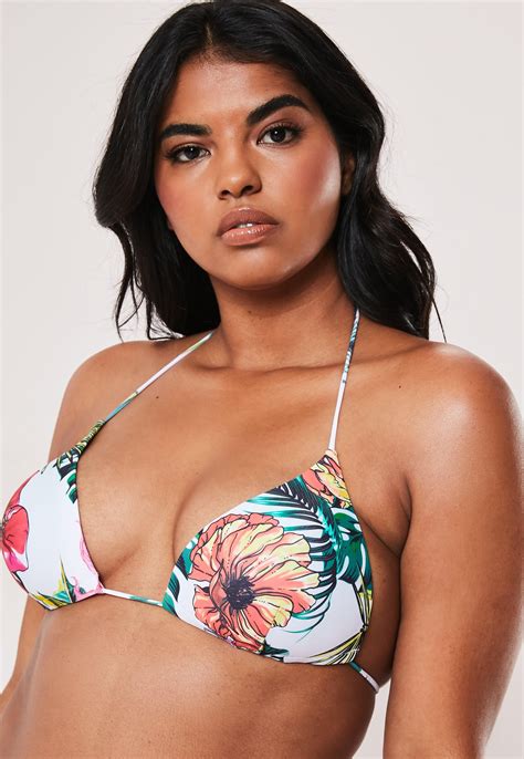 Plus Size White Floral Tropical Print Triangle Bikini Top Sponsored