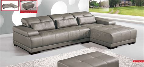 Grey Genuine Leather Sectional Sofa w/Adjustable Headrests