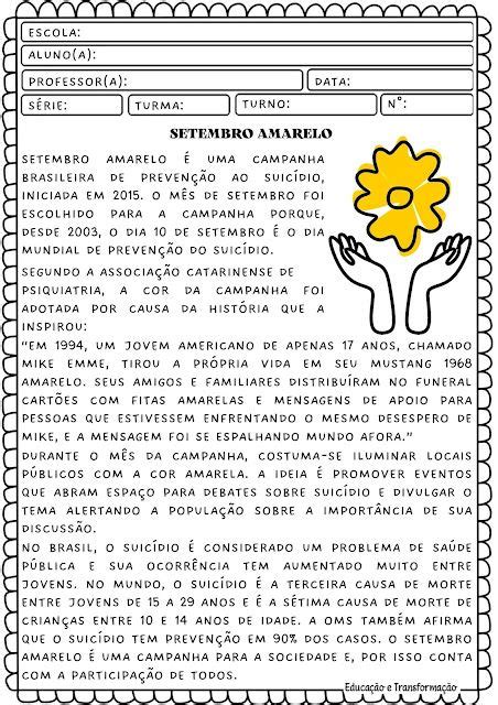 Setembro Amarelo Atividade Teaching Pintirest School