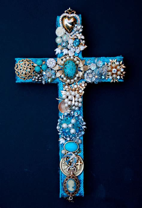 Vintage Jewelry Wall Cross Turquoise Ivory And Gold Cross Art