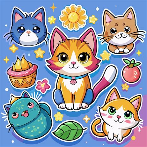 Cute Cartoon Cat Stickers With Various Decorations Premium Ai