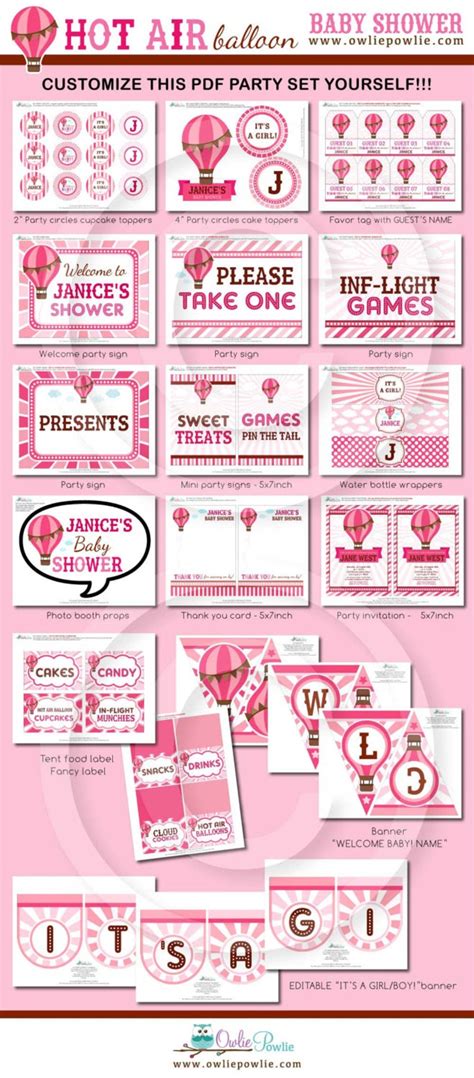Hot Air Balloon Pink Baby Shower Party Printable Package Etsy