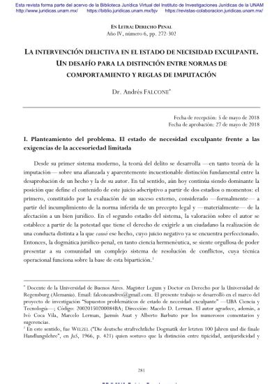 LA INTERVENCIÓN DELICTIVA EN EL ESTADO DE NECESIDAD EXCULPANTE UN