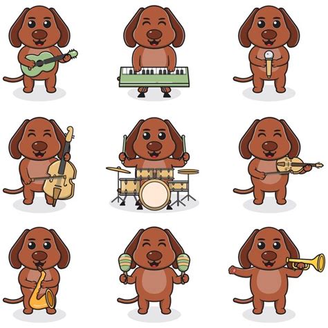 Ilustra O Vetorial De Cachorro Fofo Tocando Instrumentos Musicais