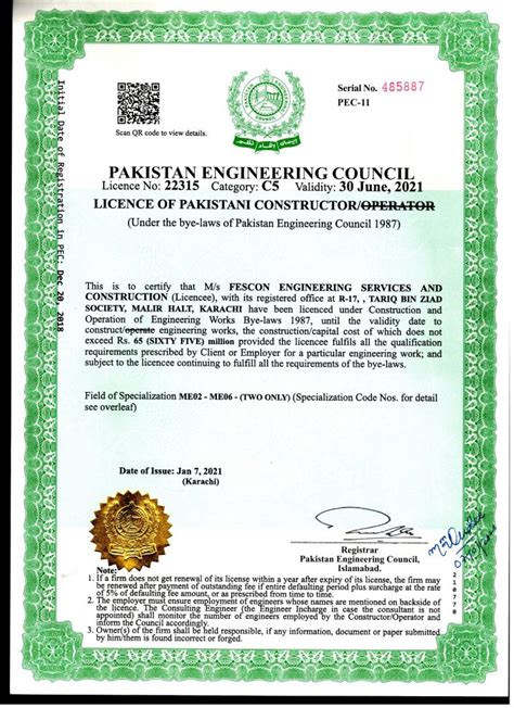 Pec Certificate Fescon Engineeriong Services And Construction