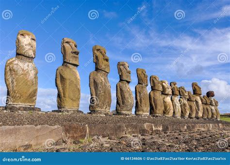 moai statues  ahu tongariki easter island chile stock photo