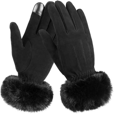 OZERO Women's Winter Gloves Deerskin Suede Leather With Warm Pompom ...