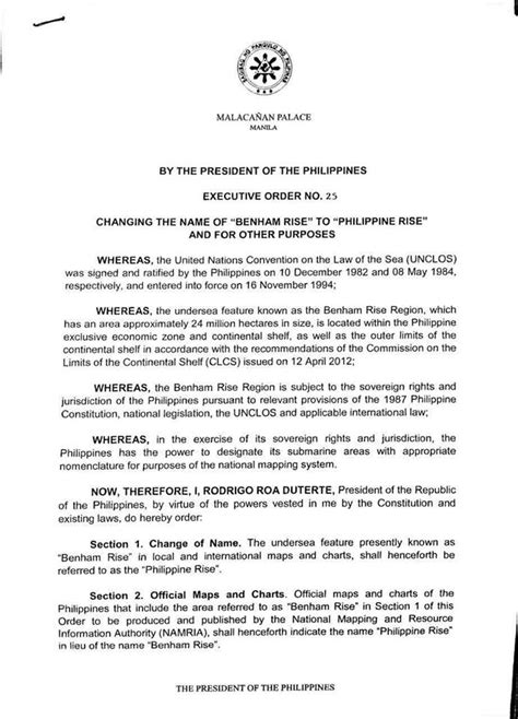 President Duterte Signed Executive Order No. 25 That Benham Rise Is Now ...