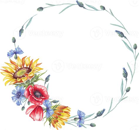 Wreath Watercolor Sunflowers Cornflowers And Poppies 21463109 Png