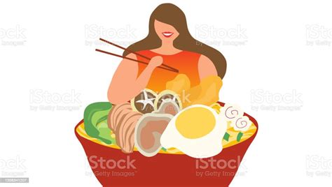 Smiling Woman Eating Japanese Ramen Noodle Soup Bowl Food Isolated