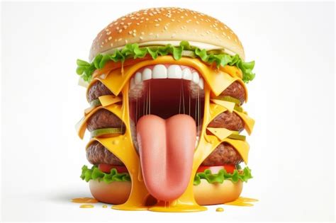 Premium Photo | Big burger with open mouth and tongue Isolated on solid ...