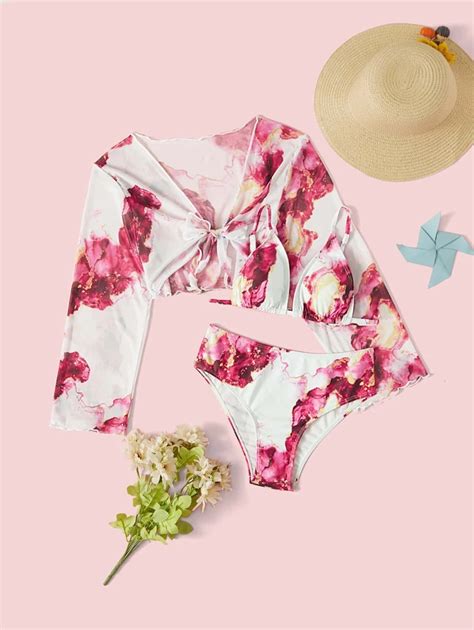 3 paquetes Conjunto de bikini con estampado de mármol y kimono de