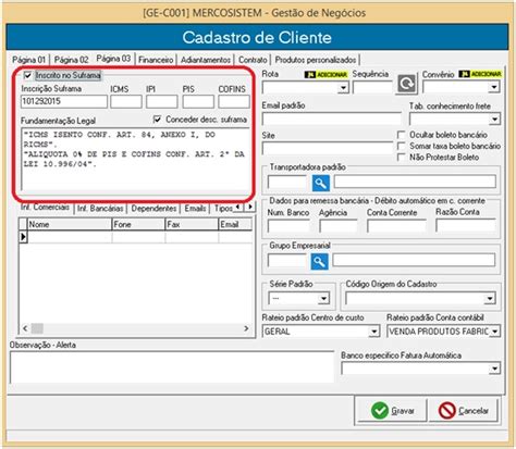 Configuração p Emissão de Nota Suframa Mercosistem