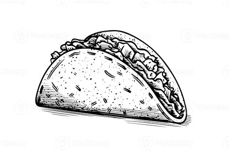 Hand Drawn Ink Sketch Of Taco Traditional Mexican Fast Food