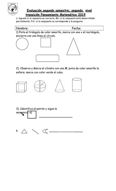 Evaluacion segundo semestre matematicas Kinder Evaluación segundo