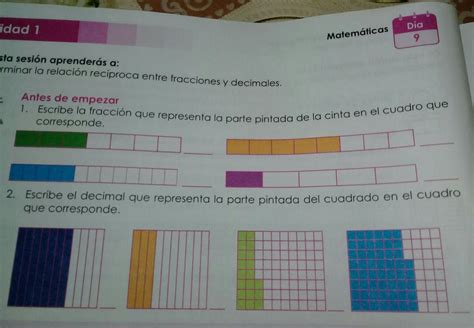 Antes de empezar 1 Escribe la fracción que representa la parte pintada