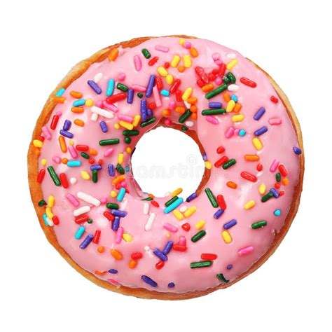 Donut Coated With A Pink Frosting And Sprinkles Of Different Col Stock