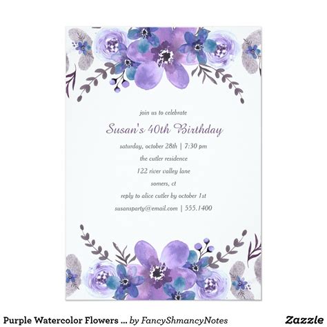 Purple Watercolor Flowers Birthday Invitation Beautiful Purple Flowers With A Hint  Purple