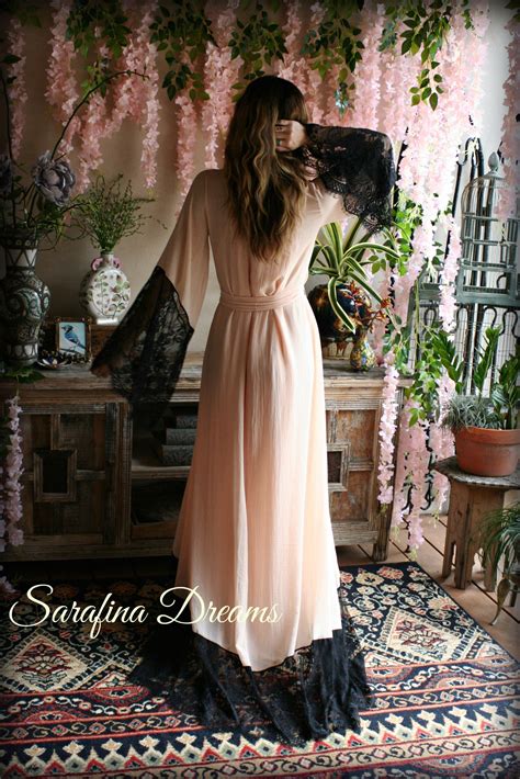 Blush Chiffon Bridal Robe Wedding Lingerie Chiffon Sleepwear Chiffon Kimono Black Lace Honeymoon