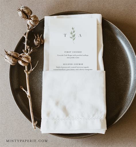 Minimalist Menu Card Template Monogram Dinner Menu Wedding Etsy