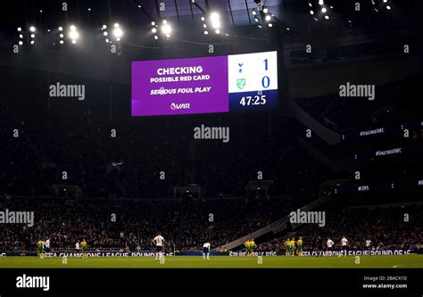 The Big Screen Displays A Var Check For A Possible Red Card For Serious