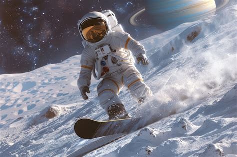 Free Photo Astronaut With Spacesuit On Practicing Snowboarding On The Moon