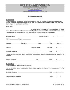 Fillable Online South Dakota Substitute Id Form Substitute Id Form Fax