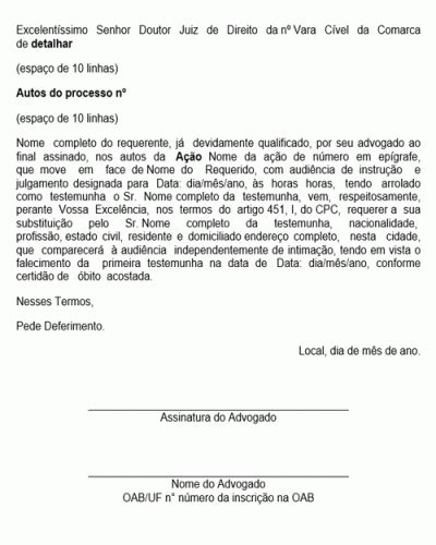 Referência de Petição Substituição de Testemunha Falecimento Novo CPC