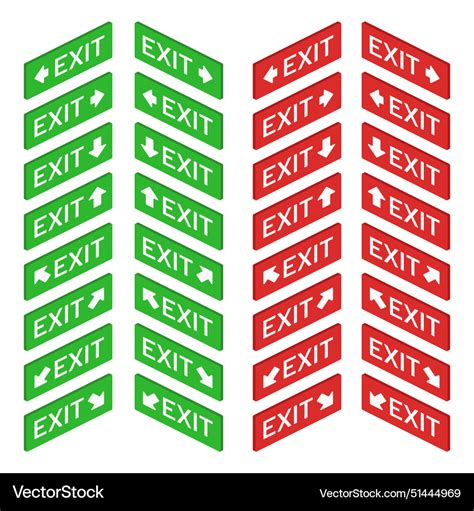 Isometric exit red green wall arrow sign set flat Vector Image