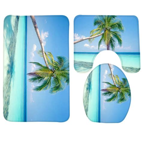 3pcs Bathroom Mat Set Beach Blue Sea Alm Tree Pattern Bath Mat Anti