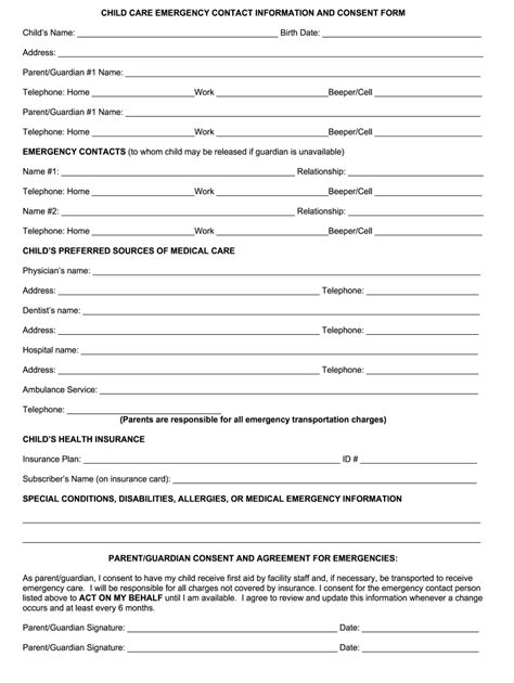 Printable Emergency Form For Preschool Printable Forms Free Online