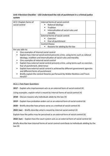 Criminology Unit 4 Revision Checklist And Past Paper Questions Teaching Resources