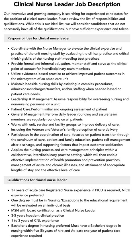 Clinical Nurse Leader Job Description Velvet Jobs