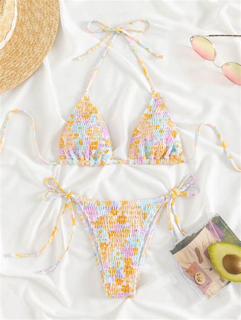 Shein Swim Mod Conjunto De Bikini Con Estampado Floral Al Azar Traje