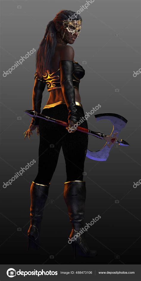 Fantasy Fae Poc Elf Woman Axe Leather Gold Armor Rococco Stock Photo