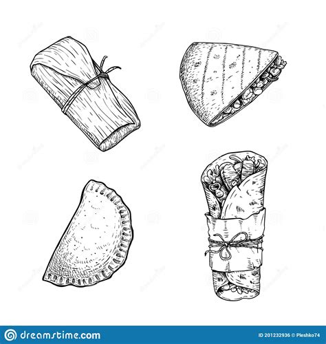 Burritos Set Hand Drawn Sketch Style Vector Illustrations Of