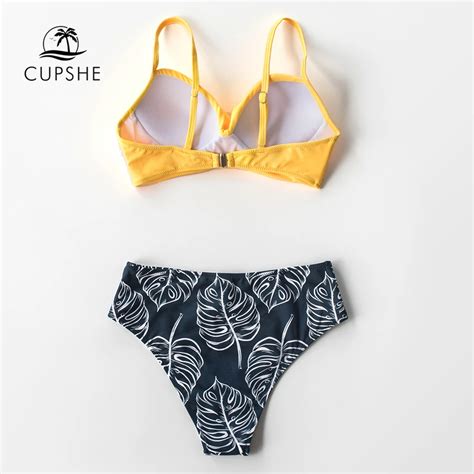 Latest Product CUPSHE Yellow Twist Front Palm Print High Waisted Bikini