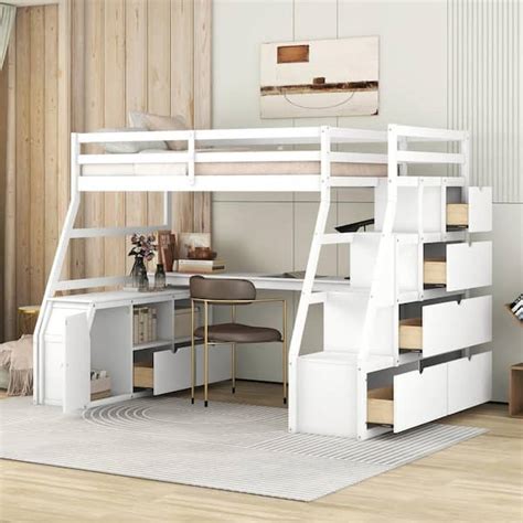 Harper And Bright Designs White Twin Size Loft Bed With Built In Desk 7 Drawers 2 Shelves And