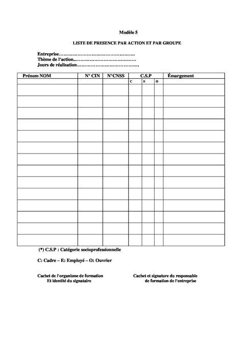 Tableau Excel Feuille De Presence