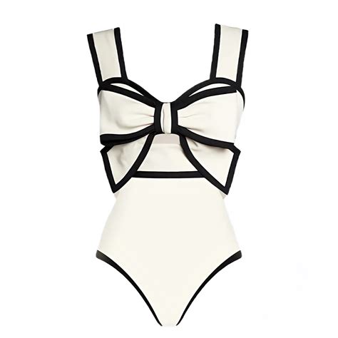 White And Black Lined Bow Cut Out Spaghetti Strap One Piece Swimsuit Dazey Hill